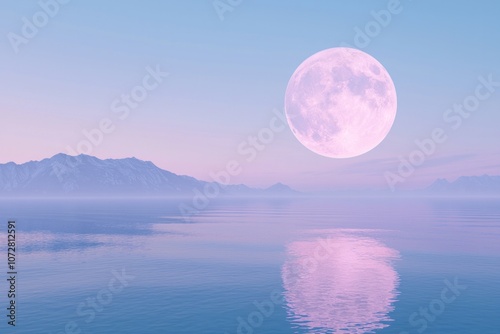 A huge, round, glowing moon in the sky over calm water with reflections and mountains on the horizon. 