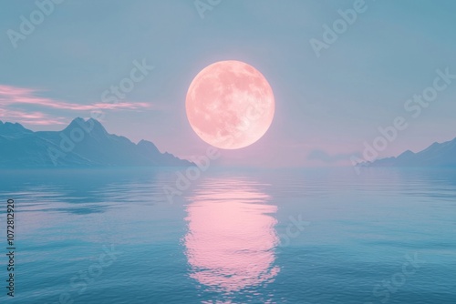 A huge, round, glowing moon in the sky over calm water with reflections and mountains on the horizon. 