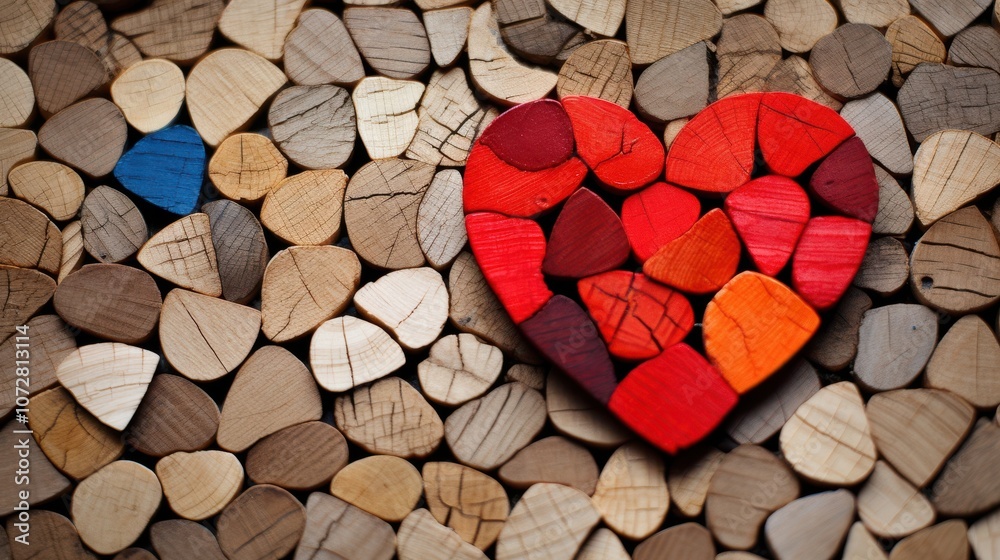 A Heart Made of Wood, Crafted With Love and Precision, a Colorful Mosaic Against a Natural Backdrop