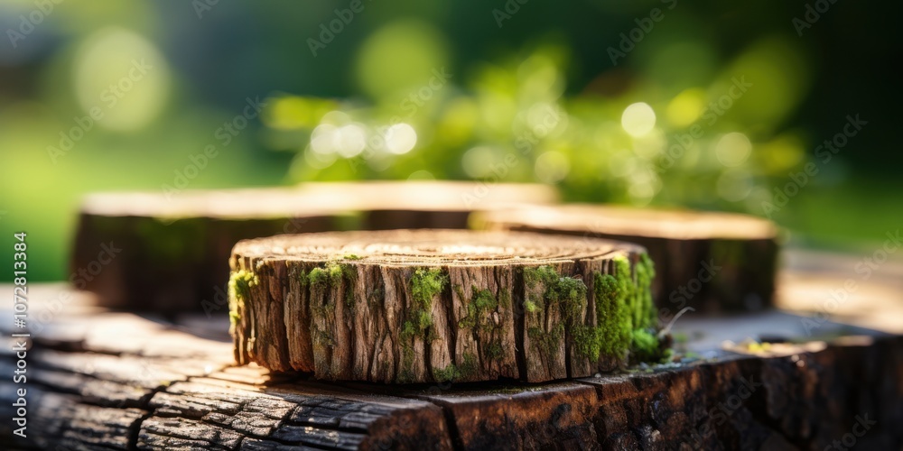Close-up of a moss covered tree stump with a soft focus background of green foliage and sunlight Close-up of a moss covered tree stump with a soft focus background of green foliage and sunlight