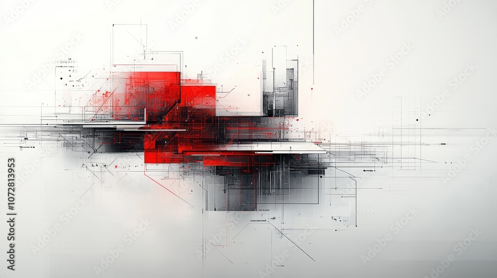 Fototapeta premium abstract design architectural fine pen lines schematic black and red, white background. uper Hd Ultra for magazine.