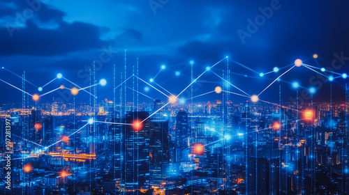 Wallpaper Mural Smart digital Innovation Business skyscrapers in the Financial District with connection network reciprocity over the cityscape. of future smart wireless digital city and social media networking Torontodigital.ca