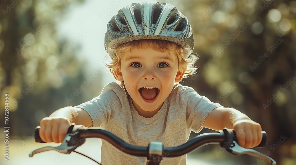Excited child rides bicycle while wearing helmet Excited child rides bicycle while wearing helmet