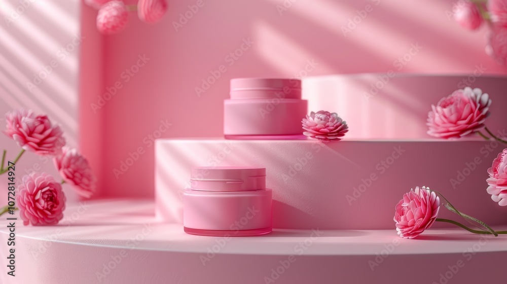 Two pink cosmetic jars on a pink podium with pink flowers and sunlight.