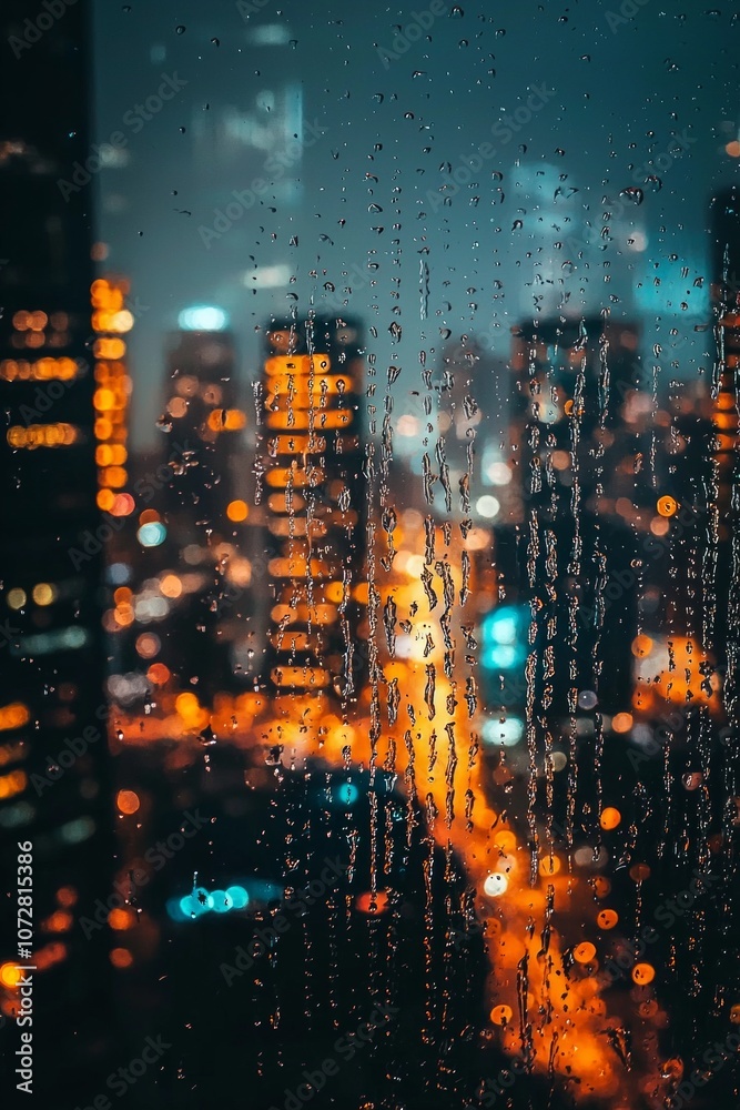 Fototapeta premium A close-up of a window with raindrops trickling down the glass, the blurred outline of city buildings visible in the background. 