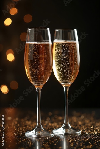 Two glasses of champagne on dark background with golden lights bokeh, glitter and sparks. Merry Christmas and Happy New Year. Anniversary, birthday, wedding, event celebration. Template with cpase