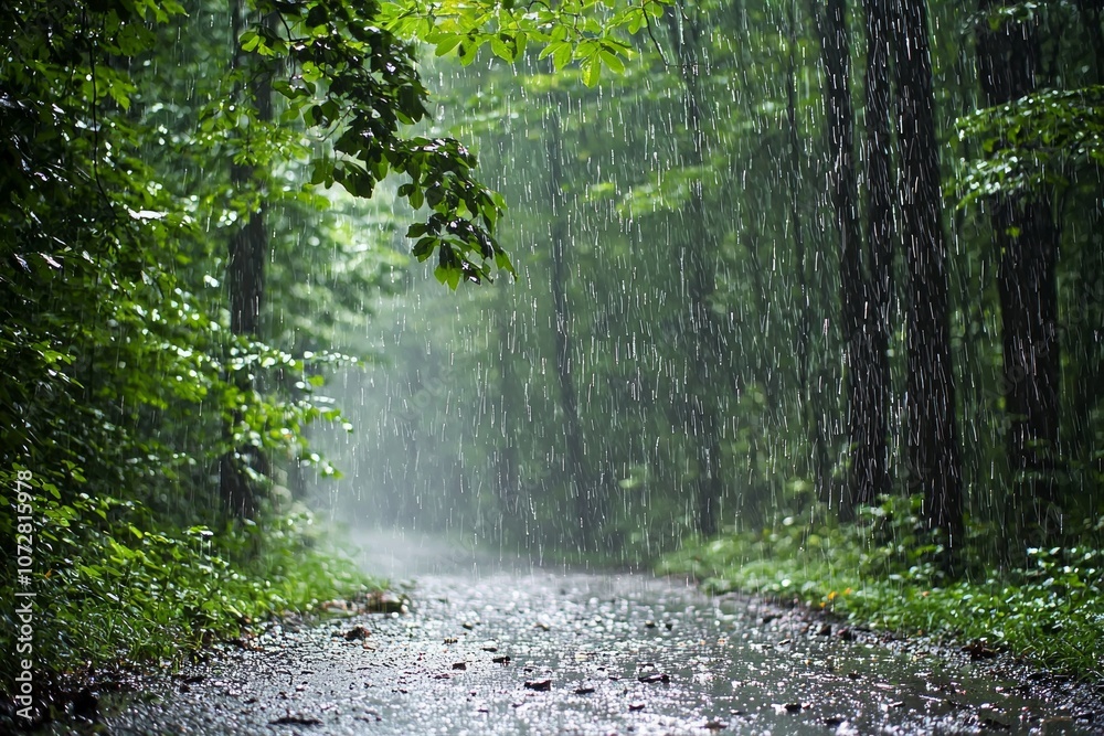 Obraz premium A foggy forest with rain creating tiny streams on the ground, dappled light filtering through the canopy, illuminating the rain drops