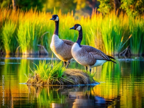 Serene Canadian Geese Pair by the Reeds at Waters Edge, Captured in Perfect Rule of Thirds Composition for Nature Photography Enthusiasts