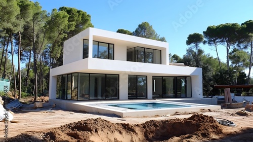 Modern white house with big windows and swimming pool under construction