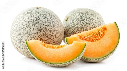 Two whole cantaloupe melons and two slices on a white background.