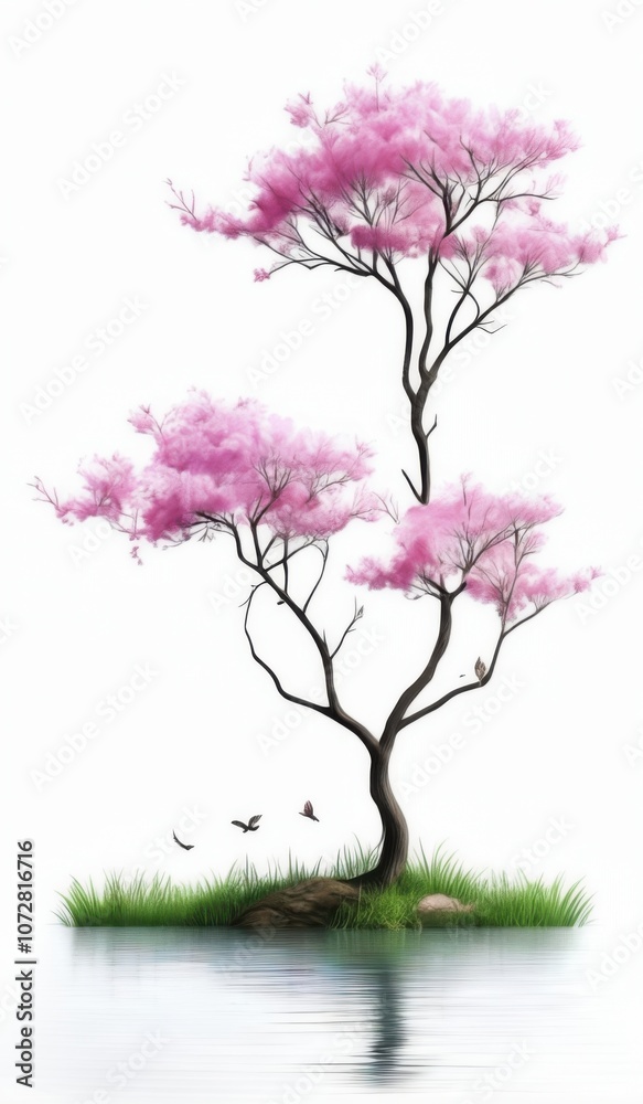 Obraz premium a painting of a tree with pink flowers on a small island