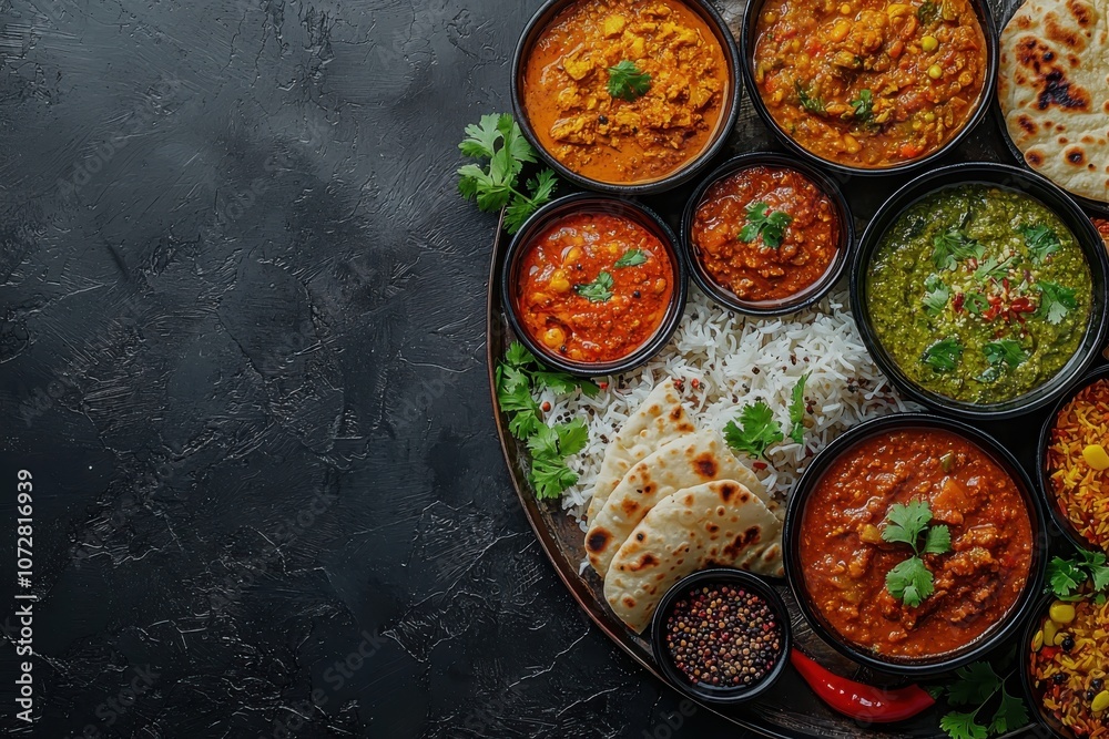 Indulge in a flavorful authentic indian thali featuring diverse curries fragrant rice and fresh breads Indulge in a flavorful authentic indian thali featuring diverse curries fragrant rice and fresh breads