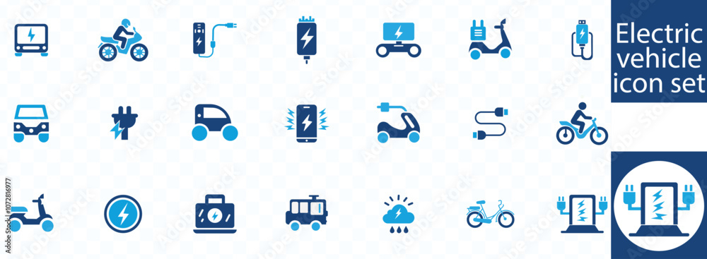 Electric vehicle icon set. Containing electric car, charging station, battery, EV charging, e-bike, hybrid, e-car, electric scooter and power. Electric vehicle icon set. Containing electric car, charging station, battery, EV charging, e-bike, hybrid, e-car, electric scooter and power.