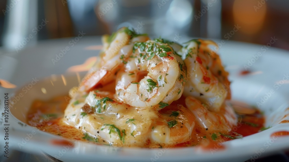 Shrimp with Lobster Sauce served in a plate at the restaurant. Shrimp with Lobster Sauce served in a plate at the restaurant.