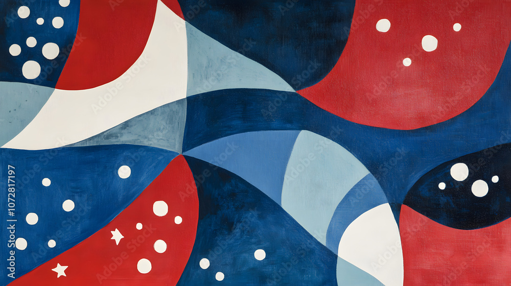 Fototapeta premium Abstract red and blue geometric shapes with white star motifs and artistic design.