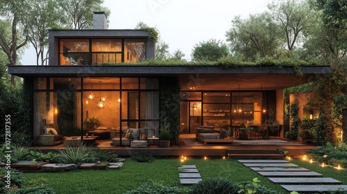 Modern house with greenery and outdoor seating in a serene setting.