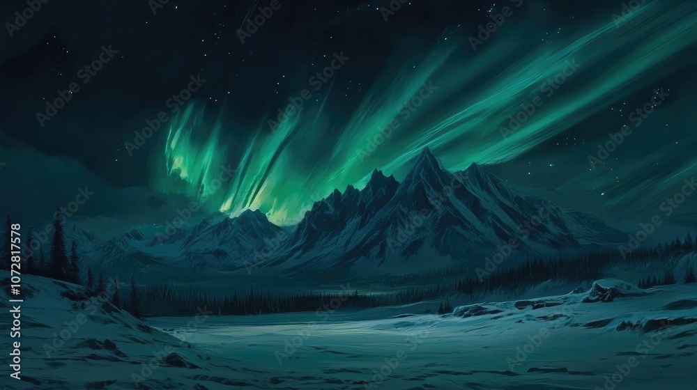 Naklejka premium Aurora borealis painting the night sky in vibrant green hues over a frozen field, with distant mountains illuminated.