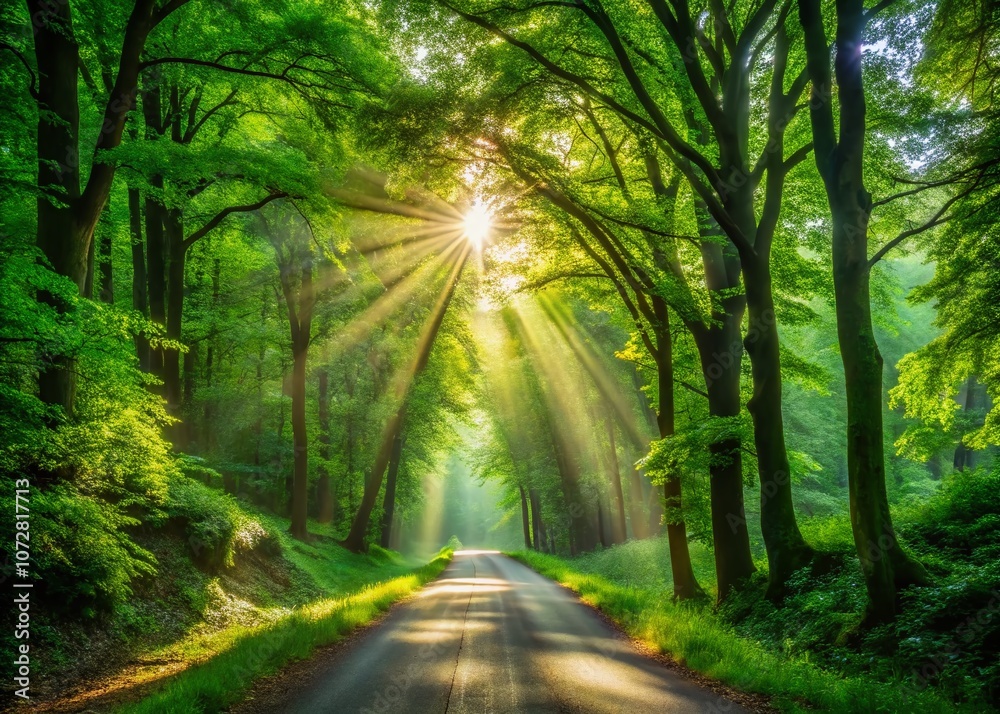 Obraz premium Serene Forest Road Bathed in Sunlight: A Peaceful Path Through Lush Greenery and Dappled Light, Perfect for Nature Lovers and Tranquility Seekers Alike