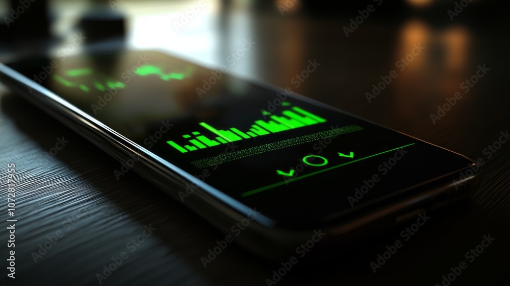 Close-up of a smartphone showing a successful investment app with green arrows Close-up of a smartphone showing a successful investment app with green arrows