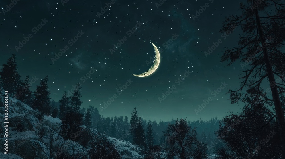 Clear, starry sky with a bright crescent moon and the faint glow of distant stars. Clear, starry sky with a bright crescent moon and the faint glow of distant stars.