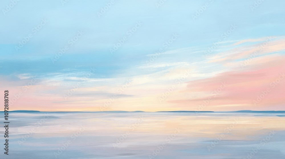 Fototapeta premium Early morning sky with soft pastel colors of pink and blue, with thin clouds scattered across the horizon.