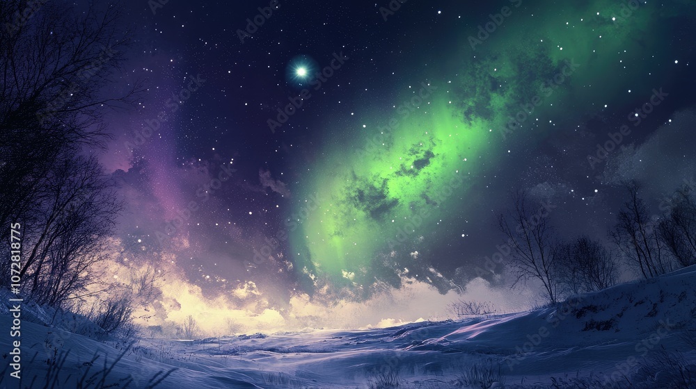 Fototapeta premium Enchanting green and purple auroras casting a magical glow over a peaceful snowy field at midnight.