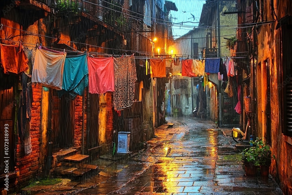 Fototapeta premium A narrow alley at twilight with clotheslines strung between buildings, rain softly falling and puddles forming under the dim streetlights