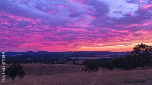 Evening sky with clouds glowing in shades of pink and purple as the sun sets beyond the horizon.