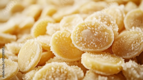 Close-up of Frozen, Round, Yellow Candied Ginger Pieces