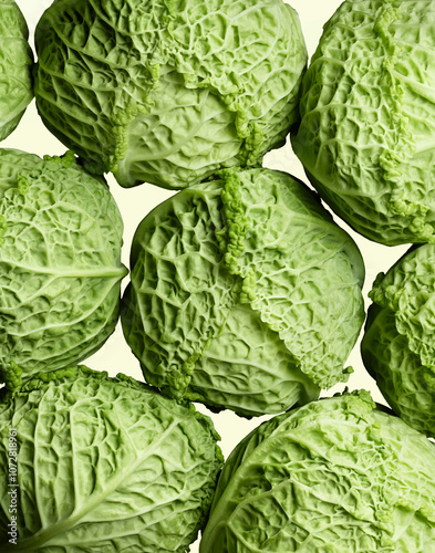 Green Cabbages in Patterned Composition with High Detail Photography photo