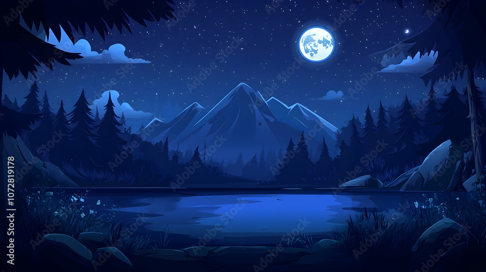 Fototapeta premium A serene nighttime landscape with a full moon shining over a lake, mountains, and forest.