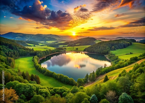 Serene Landscape with Heart-Shaped Pixel Elements Merging Nature and Technology in a Vibrant Sunset Scene Overlooking a Tranquil Lake and Lush Green Hills