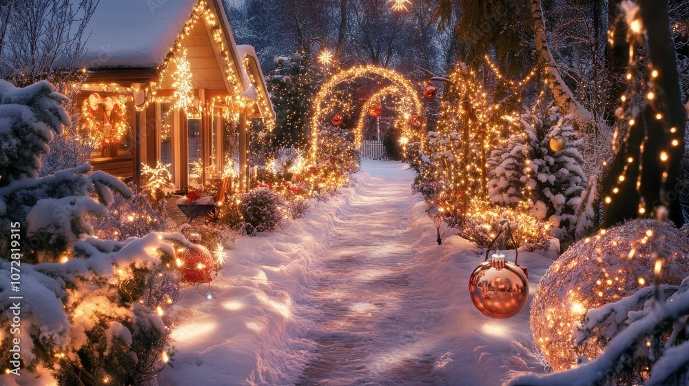 Obraz premium A charming outdoor scene featuring a snowy pathway lined with festive lights and a beautifully decorated porch adorned with holiday ornaments.