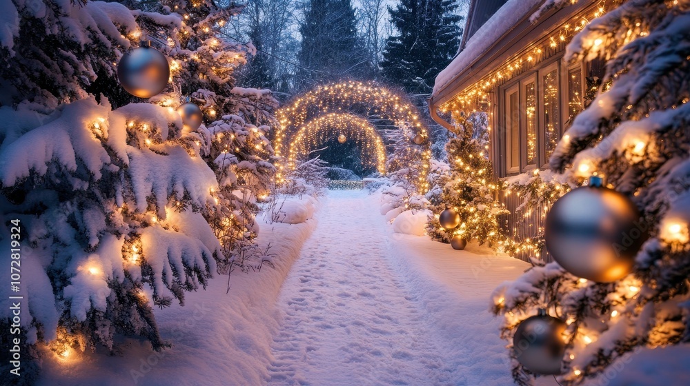 Obraz premium A charming outdoor scene featuring a snowy pathway lined with festive lights and a beautifully decorated porch adorned with holiday ornaments.