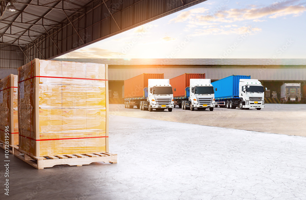 Semi Trailer Trucks on The Parking Lot at Warehouse Port. Bulk of Package Boxes Wrapped Plastic Stacked on Pallets. Distribution Warehouse. Cargo Container Shipping. Freight Truck Logistics Transport. Semi Trailer Trucks on The Parking Lot at Warehouse Port. Bulk of Package Boxes Wrapped Plastic Stacked on Pallets. Distribution Warehouse. Cargo Container Shipping. Freight Truck Logistics Transport.