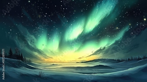 Mesmerizing Northern Lights in shades of green lighting up a night sky filled with stars above a snowy plain.