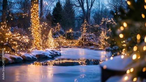 A magical winter wonderland with a frozen pond, surrounded by trees decorated with shimmering lights and ornaments.