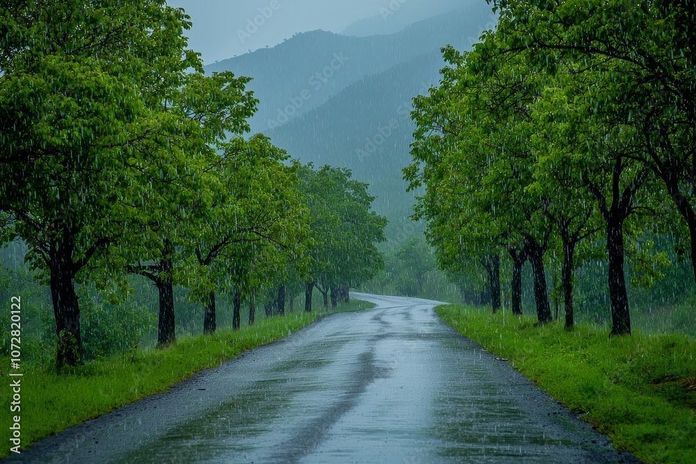 A rainy countryside road lined with trees, wet road, as distant mountains fade into the mist. A rainy countryside road lined with trees, wet road, as distant mountains fade into the mist.