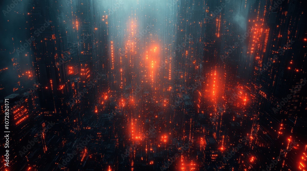 A futuristic cityscape illuminated by glowing red lights. A futuristic cityscape illuminated by glowing red lights.
