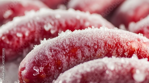 Close-up of Frozen Red Sausages Coated in Frost photo