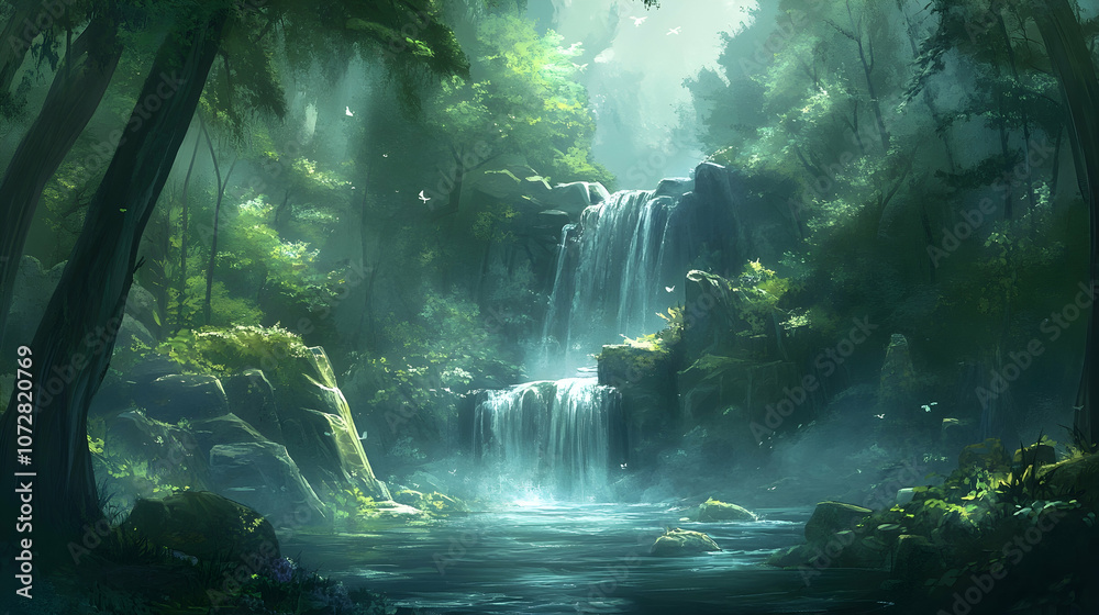 Obraz premium A serene waterfall cascades down mossy rocks into a clear pool, surrounded by lush greenery and sunlight filtering through the canopy.