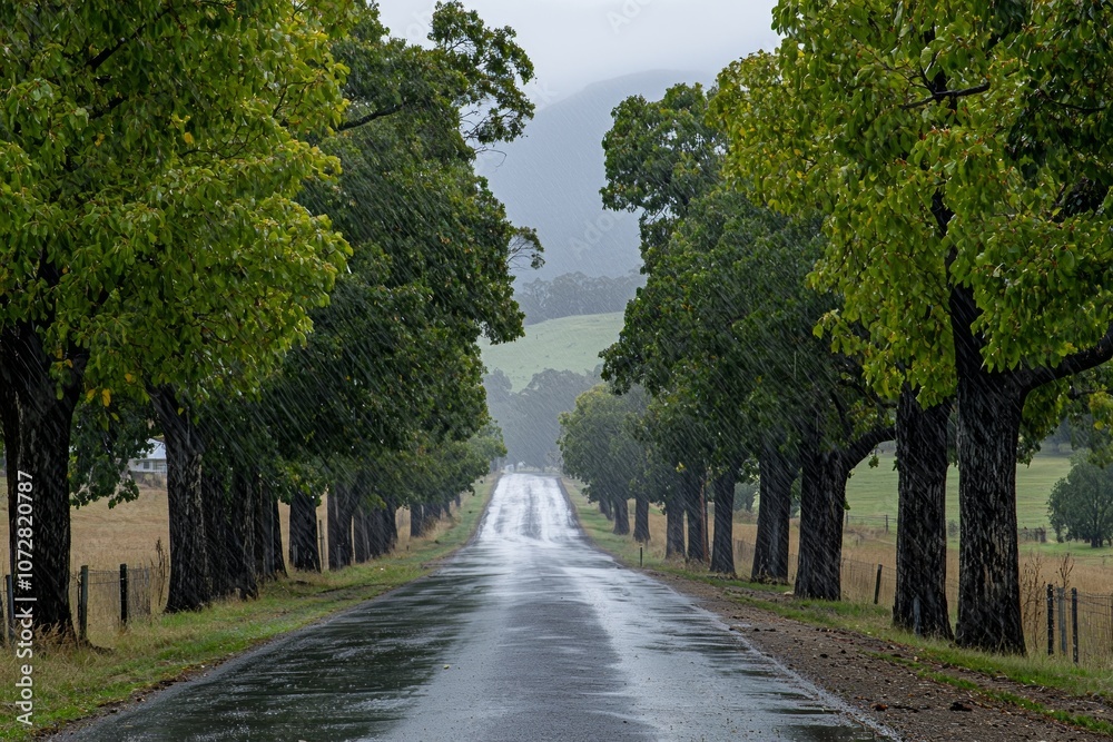 A rainy countryside road lined with trees, wet road, as distant mountains fade into the mist. A rainy countryside road lined with trees, wet road, as distant mountains fade into the mist.