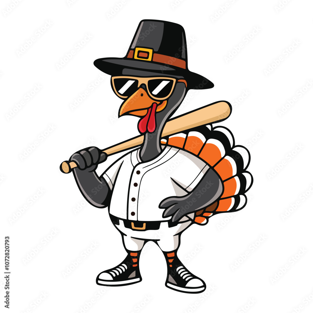Cartoon turkey mascot playing baseball as a hitter. Fun and lively character illustration, perfect for sports-themed or Thanksgiving designs. Cartoon turkey mascot playing baseball as a hitter. Fun and lively character illustration, perfect for sports-themed or Thanksgiving designs.