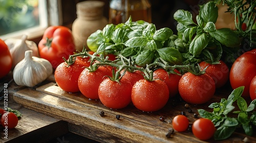 Fresh red tomatoes and fragrant basil sit on a rustic wooden table, alongside garlic, creating a vibrant, healthy culinary scene.