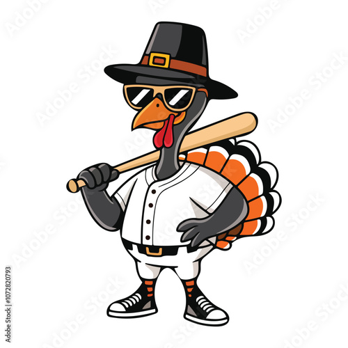 Cartoon turkey mascot playing baseball as a hitter. Fun and lively character illustration, perfect for sports-themed or Thanksgiving designs.