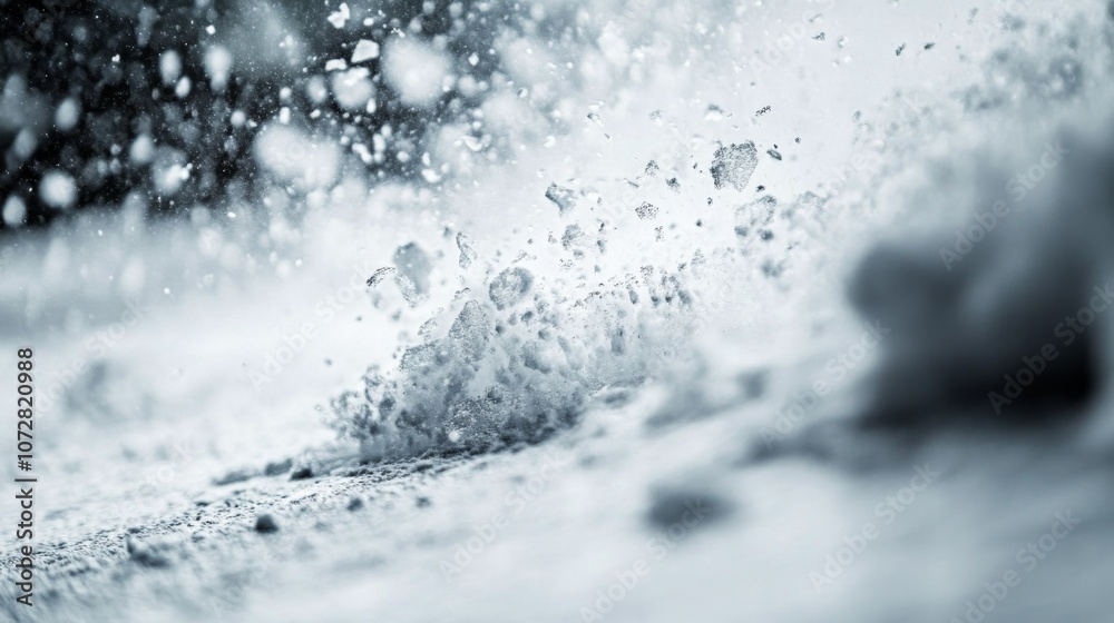 Close-up of Snow Crystals Dispersed and Falling on a Snowy Surface Close-up of Snow Crystals Dispersed and Falling on a Snowy Surface