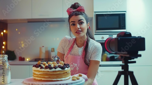 Young woman vlogger baking and recording video for food channel. Female pastry chef vlogging 