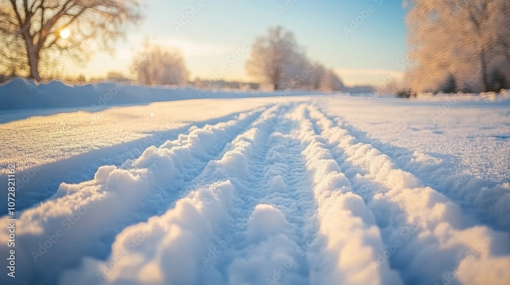 Tire Tracks in a Snowy Landscape at Sunset Tire Tracks in a Snowy Landscape at Sunset