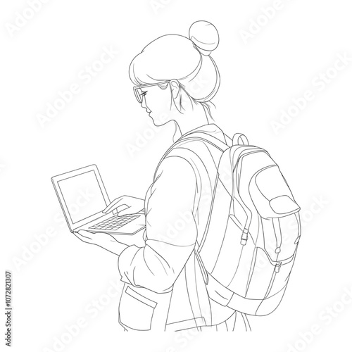 Student with Backpack and Laptop Line Art