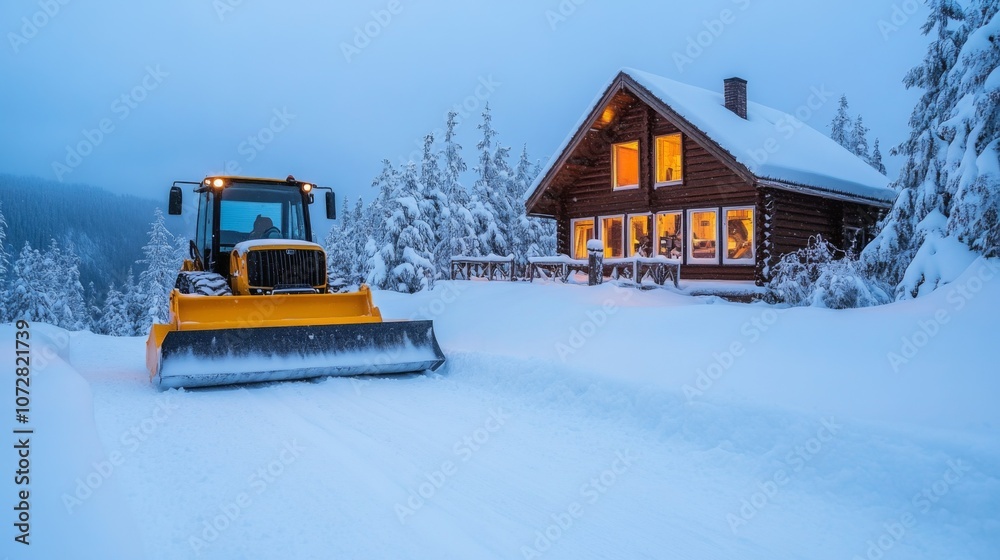 Yellow Snowplow Clearing Snow in Front of a Snowy Cabin Yellow Snowplow Clearing Snow in Front of a Snowy Cabin